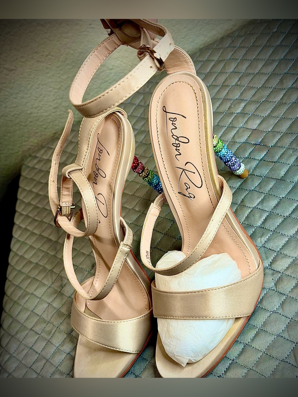 London Rag Women's Metallic Gold Beaded‑Heel Ankle Strap Sandals